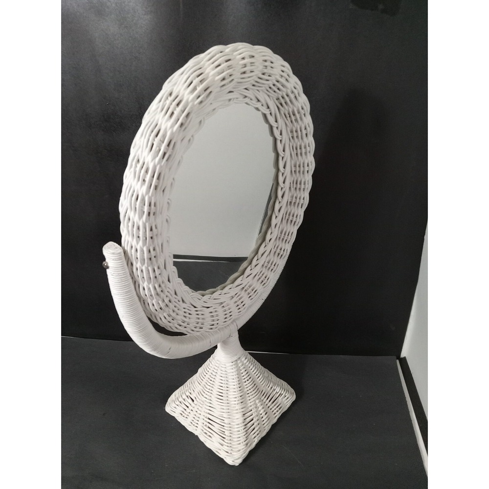 Vintage White Wicker Rattan Tabletop Oval Swivel Vanity Mirror Boho Shabby Chic